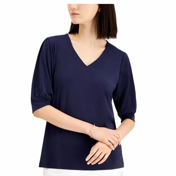 JM Collection Puff Sleeve V-neck Blouse Top Short Sleeve‎ Intrepid Blue Small - Picture 1 of 10